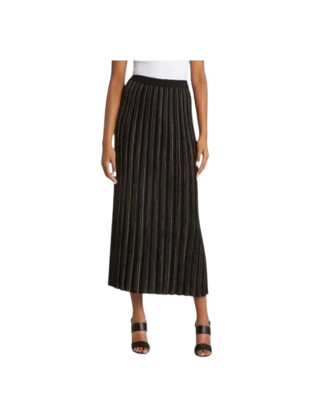 Ming Wang Stretch Knit Ribbed Midi Skirt In Black & Gold Metallic Sz M NWT